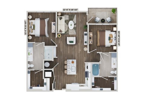 Floor plan for 2 beds, 2 baths, 1090 sqft